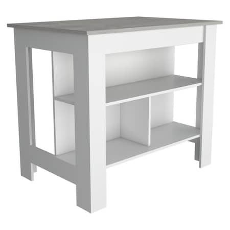 Tuhome Cala Kitchen Island, Four Legs, Three Shelves, White/Ibiza Marble ABZ6539